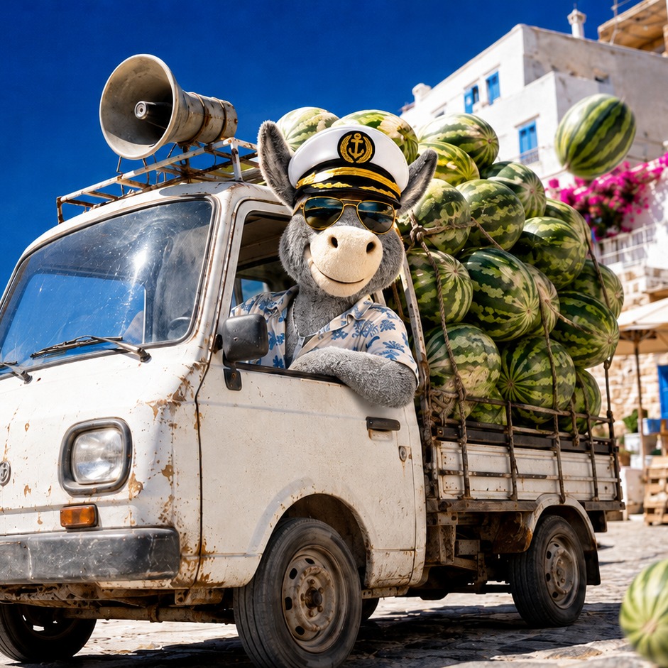 Ody in a Greek island truck loaded with watermelons.